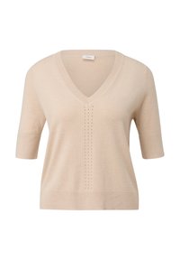 Maglione in maglia beige a V con maniche corte, caratterizzato da sottili righe verticali di punto aperto lungo il centro del davanti.