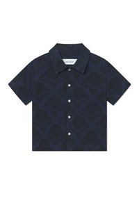Korte ermerskjorte i marineblått stoff med blomsterdesign, med krage og frontlukking med knapper. Knapper er hvite.