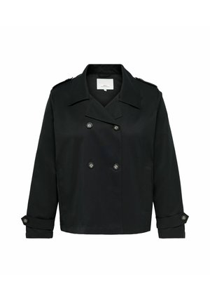 Juodas dvieilis švarkas su plačiais atvartais, petnešomis ant pečių, sagomis užsegamais rankogaliais ir šoniniais kišenėmis, rodomas ant vienodo balto fono.