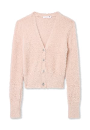 Cardigan fuzzy rosa chiaro con scollo a V, maniche lunghe e polsini a coste. Cinque bottoni decorativi trasparenti adornano la parte anteriore. Texture morbida.