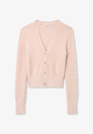 Cardigan fuzzy rosa chiaro con scollo a V, maniche lunghe e polsini a coste. Cinque bottoni decorativi trasparenti adornano la parte anteriore. Texture morbida.