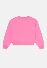 Sweatshirt rosa, material de algodão suave, decote redondo, mangas longas, punhos e bainha canelados, design simples sem padrões ou detalhes visíveis.