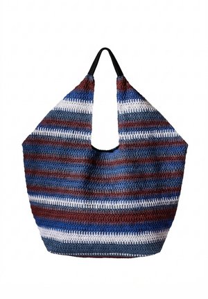 Bolso grande de crochet con rayas horizontales en azul, blanco y marrón, con asas negras y una parte superior amplia y abierta.