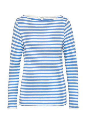 Koszulka z długim rękawem, z okrągłym dekoltem, w poziome niebieskie i białe paski, dopasowany krój, wykonana z miękkiego materiału.