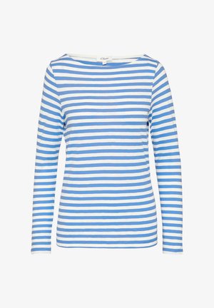 Koszulka z długim rękawem, z okrągłym dekoltem, w poziome niebieskie i białe paski, dopasowany krój, wykonana z miękkiego materiału.