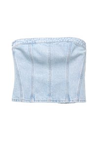 Top corto in denim blu chiaro senza spalline con sottili pois bianchi e dettagli di cucitura verticale.