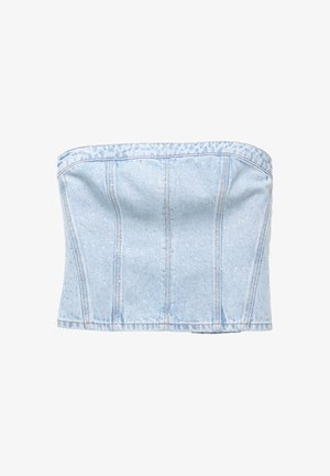 Svijetloplava bezramena traper crop majica s malim bijelim točkicama i vertikalnim šavovima.