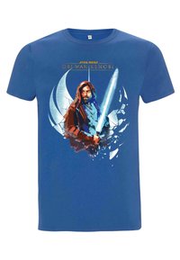 Camiseta de algodón azul con una ilustración de una figura con un sable de luz y un fondo agrietado. El texto dice "Star Wars Obi-Wan Kenobi."