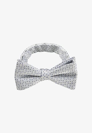 Light gray bow tie with small blue polka dots, pre-tied with adjustable fabric band, displayed on a white background.