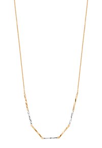 Złoto- i srebrnotona naszyjnik z wydłużonymi skręconymi ogniwami, z naprzemiennymi metalicznymi kolorami i delikatnym wzorem łańcuszka.