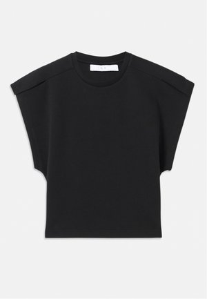 Haut noir à manches courtes avec un col rond et des détails aux épaules, posé à plat sur un fond blanc.