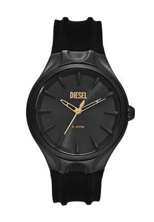 Schwarze Diesel-Armbanduhr mit goldenen Zeigern und Markierungen, schwarzem strukturiertem Zifferblatt und "5 ATM" Wasserdichtigkeit, mit schwarzem Silikonarmband.
