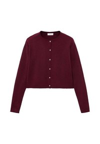 Burgundy kort cardigan i mjukt stickat tyg, med rund halsringning och sex knappar framtill. Långa ärmar med ribbade manschetter.