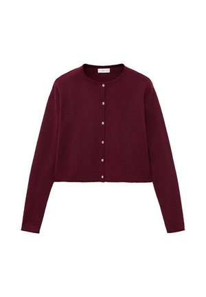 Cardigan court bourgogne en tissu tricoté doux, avec un col rond et six boutons sur le devant. Manches longues avec des poignets côtelés.
