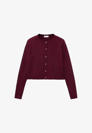Bordo kratki kardigan od mekog pletenog materijala, s okruglim izrezom i šest dugmadi sprijeda. Dugi rukavi s rebrastim manžetama.