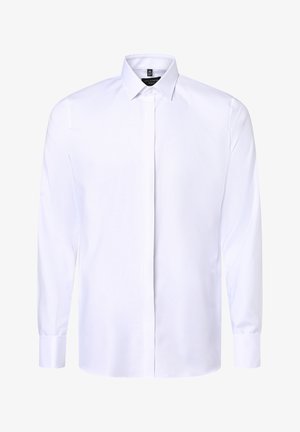 Weißes Langarmhemd mit klassischem Kragen, Knopfleiste und geknöpften Bündchen. Glattes Material mit taillierter Passform und ohne Muster.