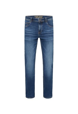 Light blue denim jeans featuring a straight leg design, five pockets, contrast stitching, and a waistband label reading "CAMP DAVID."