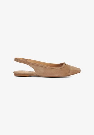 Beige suede slingback flats with a rounded toe, textured finish, and a small bow detail at the front. Thin strap for ankle support.