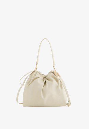 Cremefarbene, weiche Lederhandtasche mit gerafftem oberen Bereich, einem einzelnen Schulterriemen und verstellbarem Umhängegurt mit goldfarbenen Beschlägen.