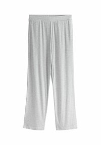 Világosszürke, laza fitnesznadrág, rugalmas derékkal és egyenes lábakkal, fehér háttér előtt.