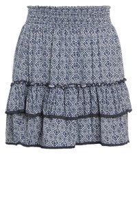 Blauw-witte gestreepte tiered mini-jurk met een smock tailleband en ruches langs het midden en de zoomranden.