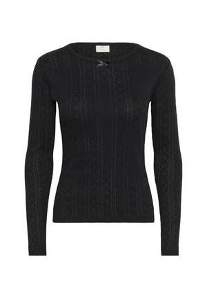 Pitkähihaista mustaa neulepaitaa, jossa on ribattua pintaa, pystysuuntaisia raitoja ja pieni nauhakoriste kaula-aukossa.