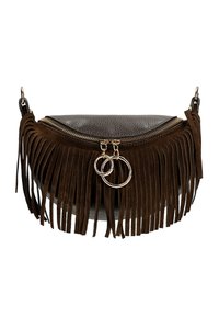 Borsa in suede marrone con parte superiore in pelle, caratterizzata da dettagli a frange, una cerniera circolare con due anelli metallici e una forma arrotondata.