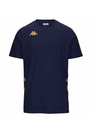 T-shirt di cotone a maniche corte di colore blu navy, con logo Kappa in oro sul petto e design dorati ripetuti lungo i lati.