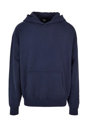 Tmavě modrá mikina s kapucí, přední klokánkovou kapsou, žebrovanými manžetami a lemem a připojenou kapucí.