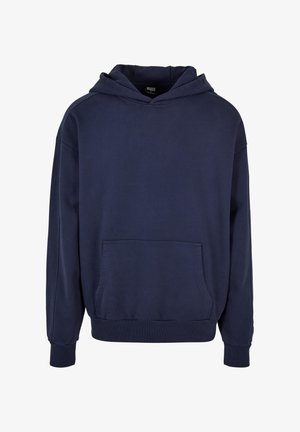 Marineblauwe pullover hoodie met voorvak, geribde manchetten en zoom en vastgenaaide capuchon.