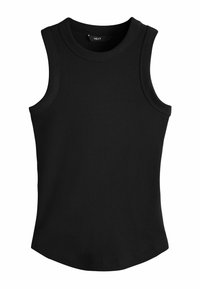 Sort ærmeløs top lavet af ribstrikket stof, med rund halsudskæring og en buet kant. Simpelt design uden mønstre eller detaljer.