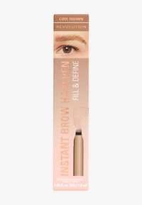 Bruine verpakking met een penseeltip. De tekst luidt "Instant Brow Hair Pen" en "Cool Brown". Aan de zijkant staat een gedefinieerd wenkbrauwontwerp.