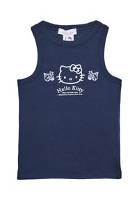 Námornícky modrý bezrukávový top vyrobený z bavlny, s bielou grafikou Hello Kitty a textom, s volánovými detailmi po stranách.
