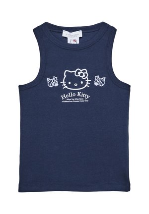 Marineblå ærmeløs top i bomuld, med et hvidt Hello Kitty grafik og tekst, samt scalloped detaljer på siderne.