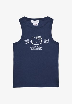 Top senza maniche blu navy in cotone, con una grafica di Hello Kitty bianca e testo, e dettagli a onglet ai lati.