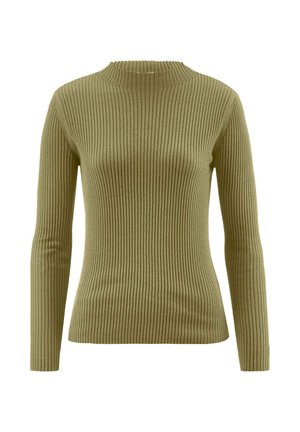 Rippstrick-Pullover mit langen Ärmeln in Olivgrün. Verfügt über einen hohen Kragen und eine figurbetonte Silhouette, gefertigt aus weichem, strukturiertem Stoff.
