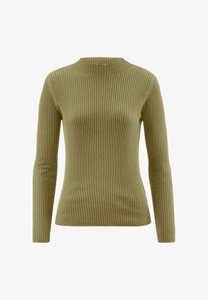 Rippstrick-Pullover mit langen Ärmeln in Olivgrün. Verfügt über einen hohen Kragen und eine figurbetonte Silhouette, gefertigt aus weichem, strukturiertem Stoff.