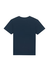 Navyblaue Baumwoll-T-Shirt mit Rundhalsausschnitt und kurzen Ärmeln. Einfaches Design, keine Muster oder Verzierungen, glatte Textur.