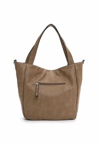 Tan leather tote bag with a slouchy shape, featuring a front zip pocket and dual handles, accented with black trim along the edges.