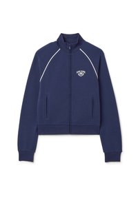 Felpa con zip di colore blu navy, colletto alto, dettagli in piping bianco, tasche frontali e logo ricamato "New York 96" sul petto.