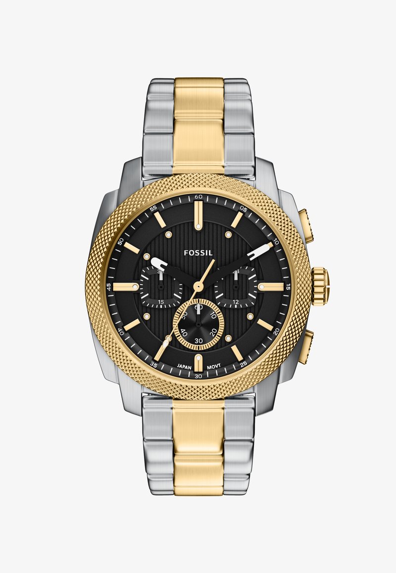 Montre-bracelet Fossil pour hommes avec cadran noir, bracelet métallique en or et argent, lunette texturée en or et trois sous-cadrans affichant les fonctions chronographes.