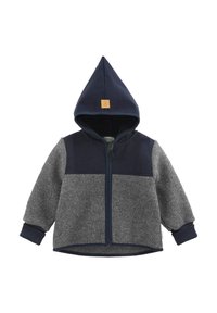 Kinderkapuzenjacke mit dunkelblauem Oberteil und Kapuze, grauem Körper und Ärmeln, vorderem Reißverschluss und gerippten Bündchen.