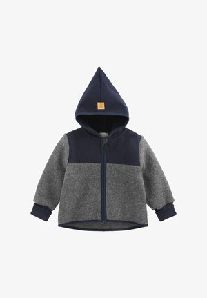 Jongens gewatteerde jas met een marineblauwe top en capuchon, grijze lichaam en mouwen, een rits aan de voorkant en ribgebreide manchetten.
