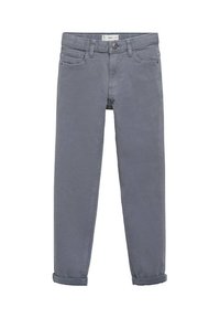 Jeans di cotone grigi con design a gamba dritta, orli risvoltati, tasche frontali e chiusura con zip e bottone.