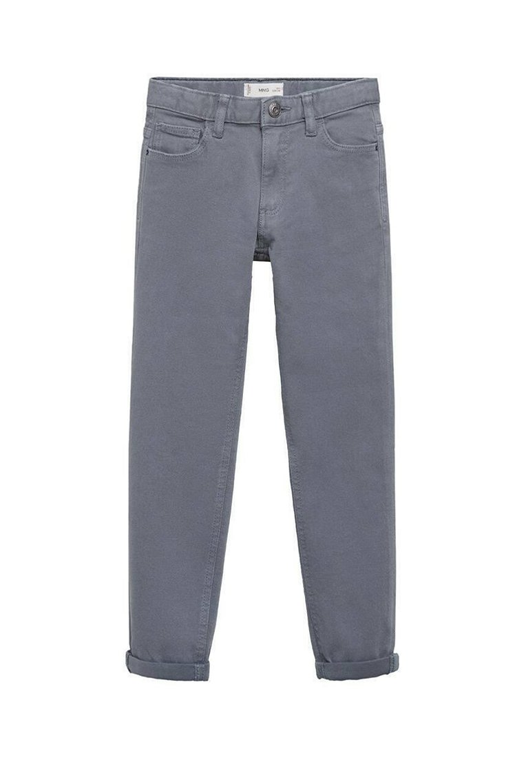 Jeans di cotone grigi con design a gamba dritta, orli risvoltati, tasche frontali e chiusura con zip e bottone.