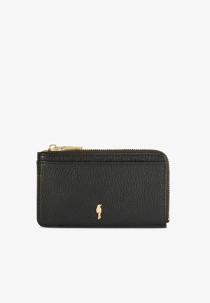 Czarny portfel ze skóry o teksturowanym wykończeniu, z złotym zamkiem błyskawicznym i subtelnym logo z przodu. Kompaktowy, prostokątny kształt.