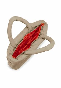 Padded beige handbag with two handles, featuring an orange interior and a zip closure, showcasing a smooth texture and curved shape.