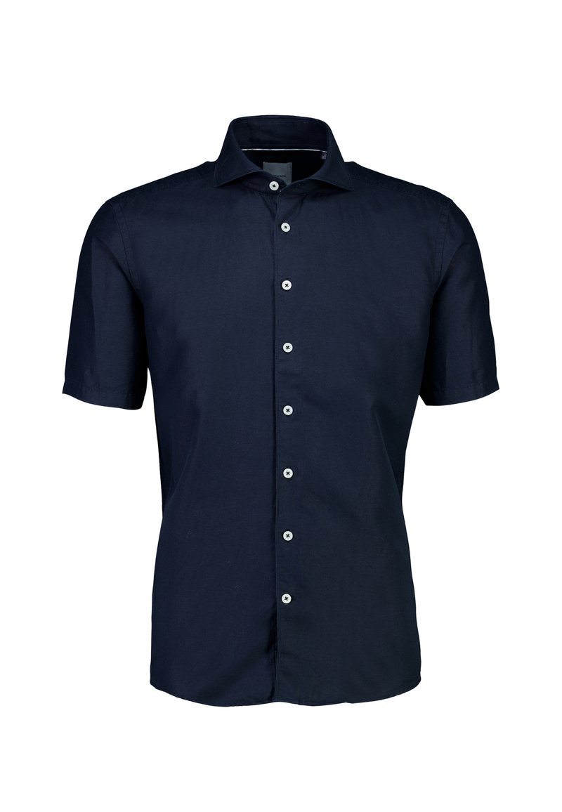 Marineblauwe kortekootjes shirt van katoen, met een knoopsluiting aan de voorkant, gespreide kraag en witte knopen, gladde textuur en getailleerde pasvorm.