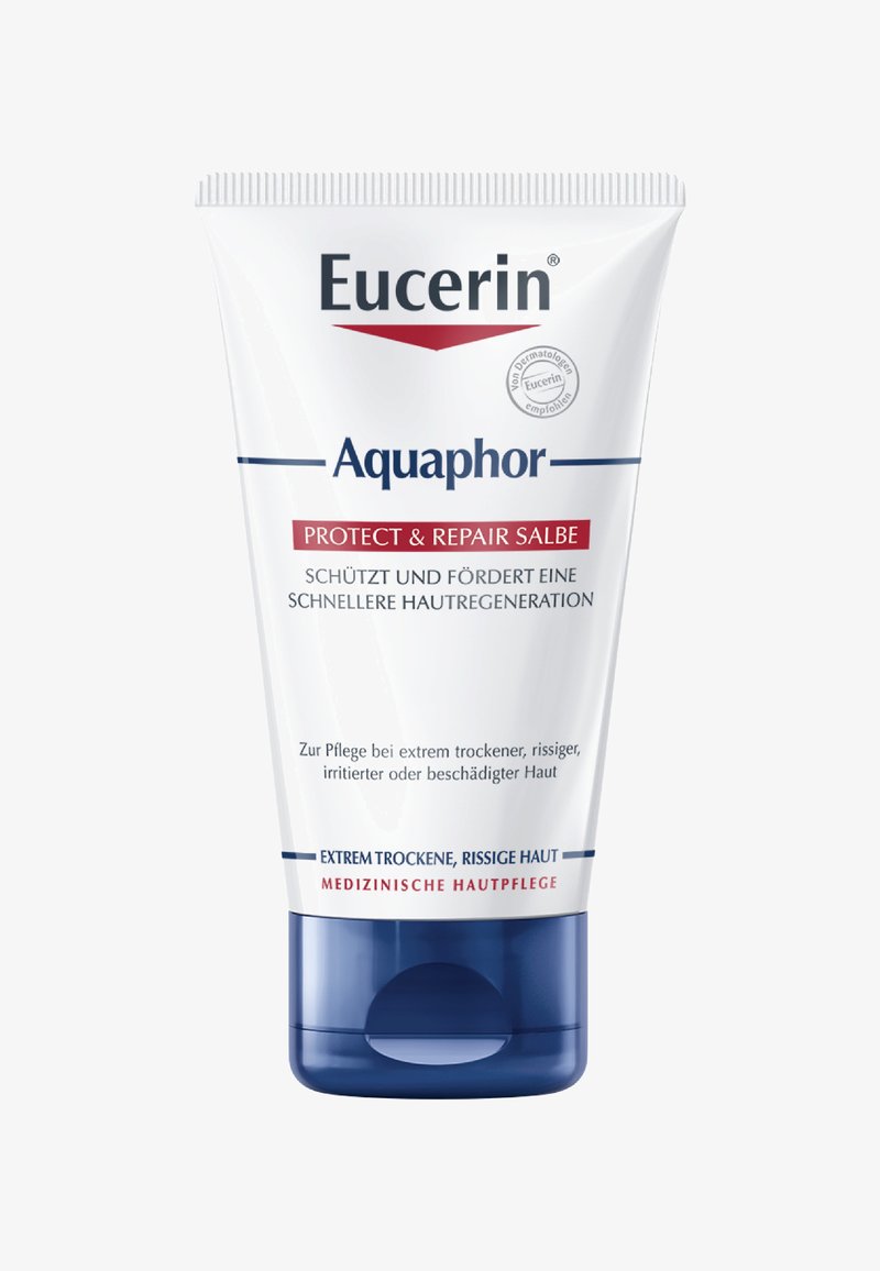 Weißer Behälter mit blauem Boden, beschriftet mit "Eucerin Aquaphor Protect & Repair." Enthält Informationen auf Deutsch zur Hautbehandlung bei trockener Haut.