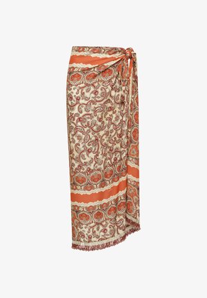 Jupe portefeuille à motif cachemire orange et crème, avec une attache latérale et un ourlet à franges.